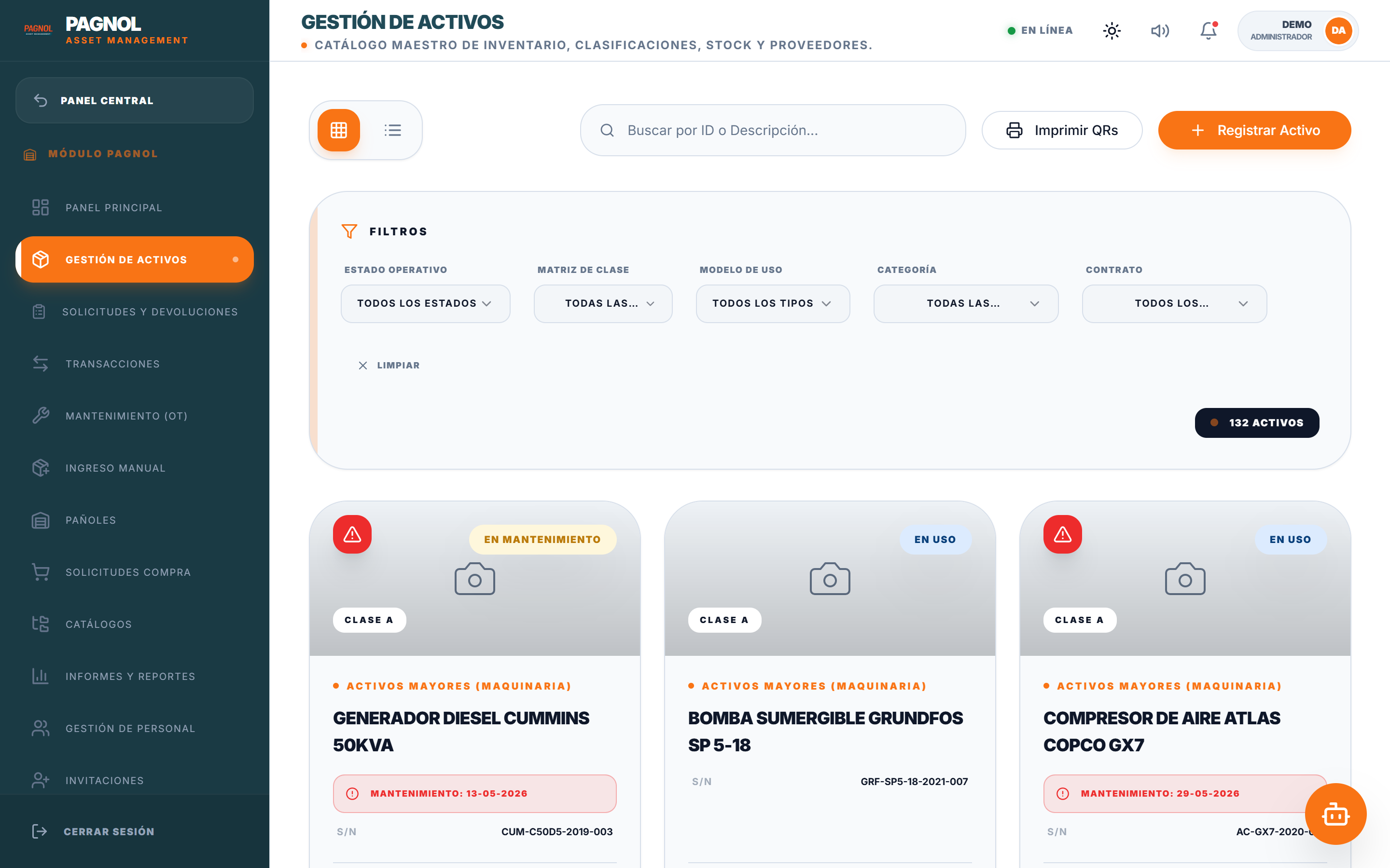 PAGNOL — Gestión de Activos: catálogo maestro con clasificación por criticidad, filtros por contrato y estados operativos